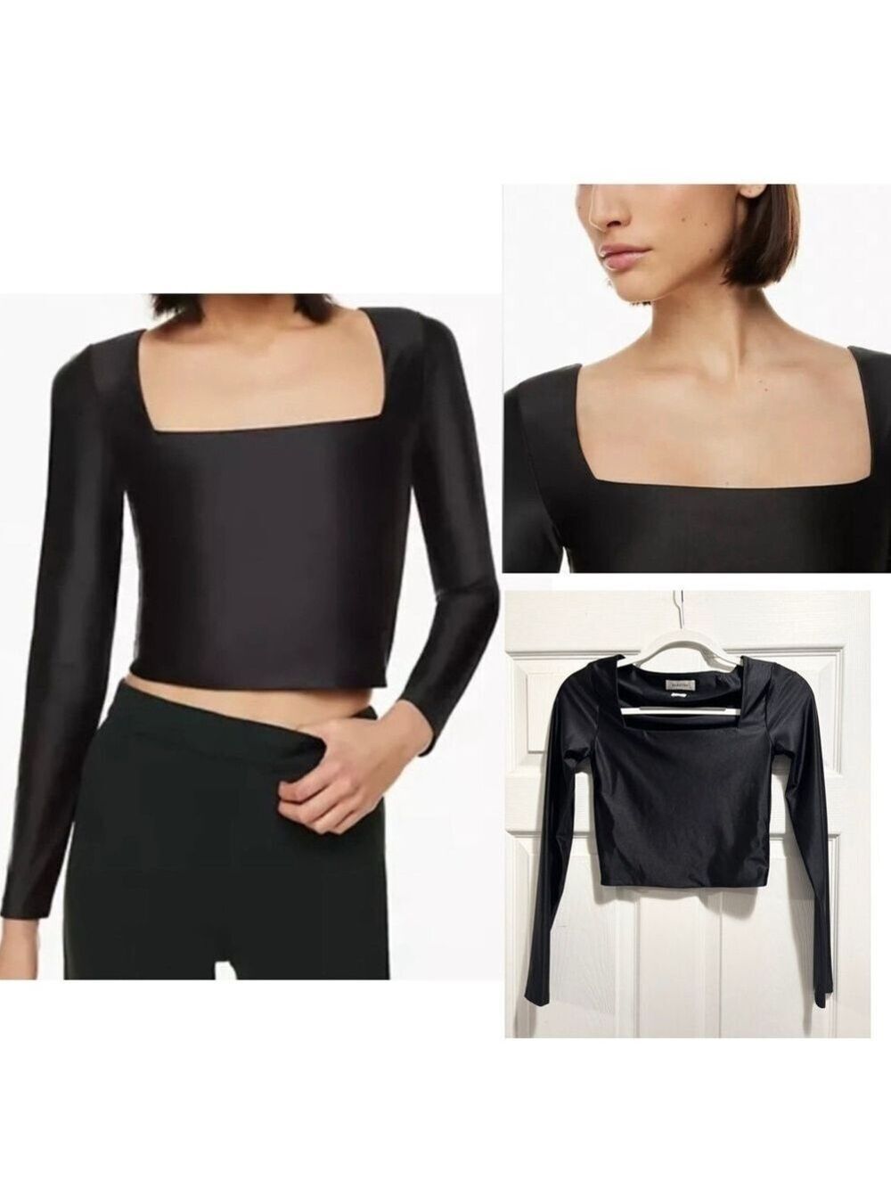 Aritzia Babaton Satinette Square Neck Long Sleeve Top Black Size XS